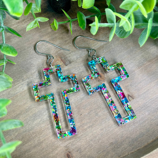 Multi-Colored Jewel Cross Dangle Earrings