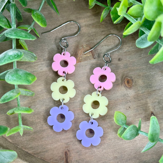 Pastel 3-Tiered Flower Dangle Earrings