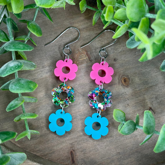 Neon Jewel 3-Tiered Flower Dangle Earrings