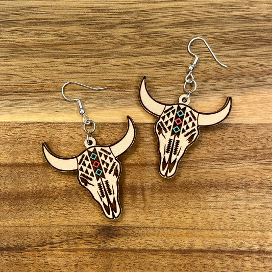 Tribal Bull Skull Dangle Earrings
